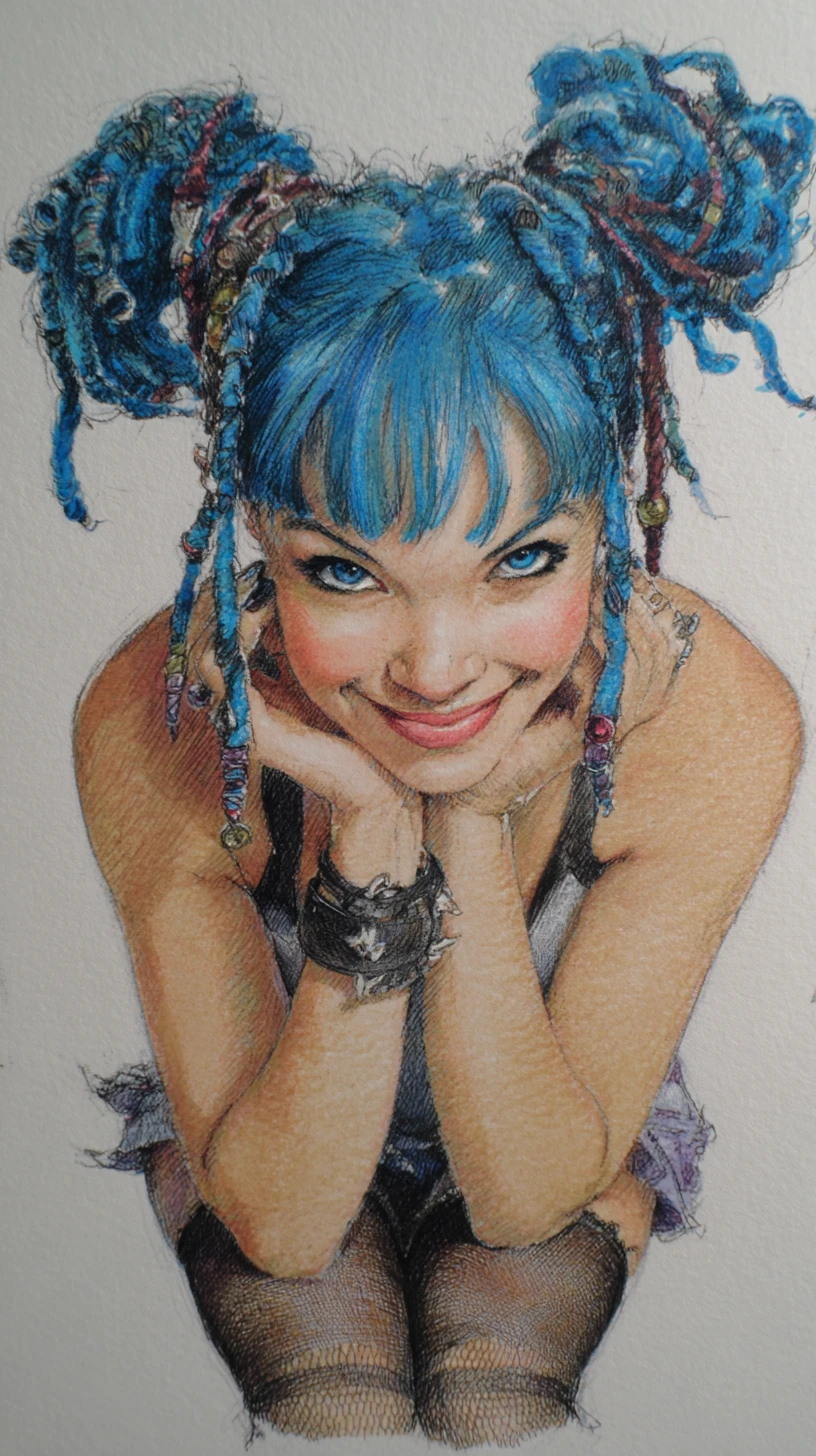 Playful girl with blue dreadlocks crouching on paved street