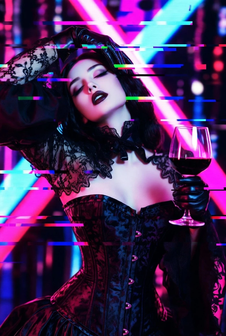 Mulher vampira gótica de espartilho em estilo neon glitch