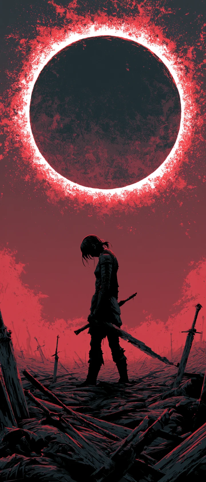 Lone warrior beneath blood moon eclipse on battlefield