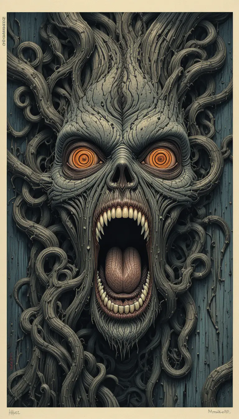 Surreal screaming face fused with spiraling tree bark