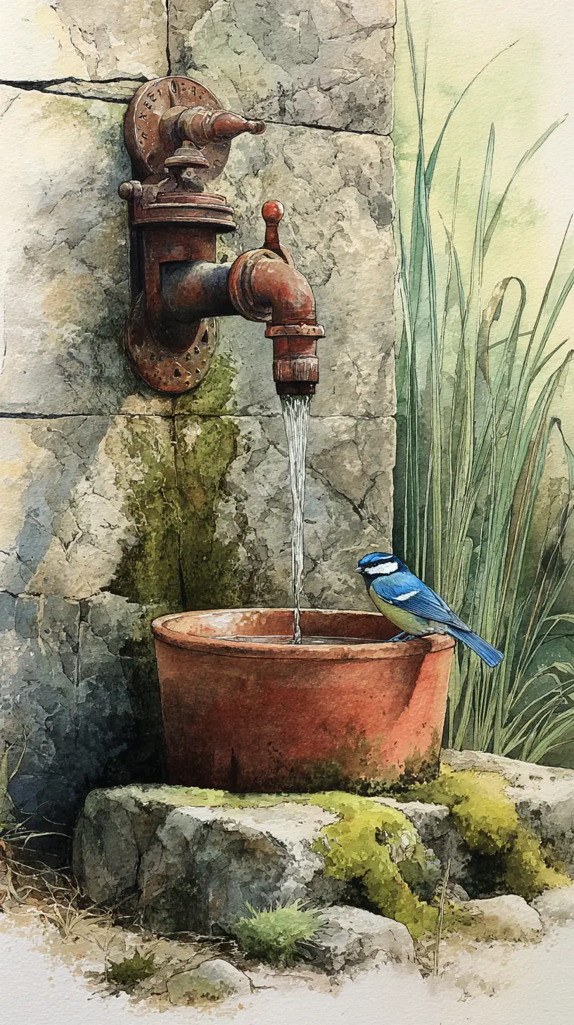 Aquarell-Gartenszene mit nostalgischer Wasserpumpe und Vogel