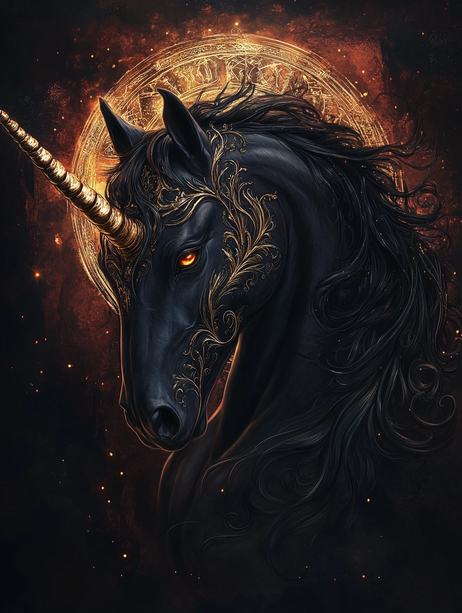 Dunkles Fantasy-Porträt eines majestätischen schwarzen Einhorns