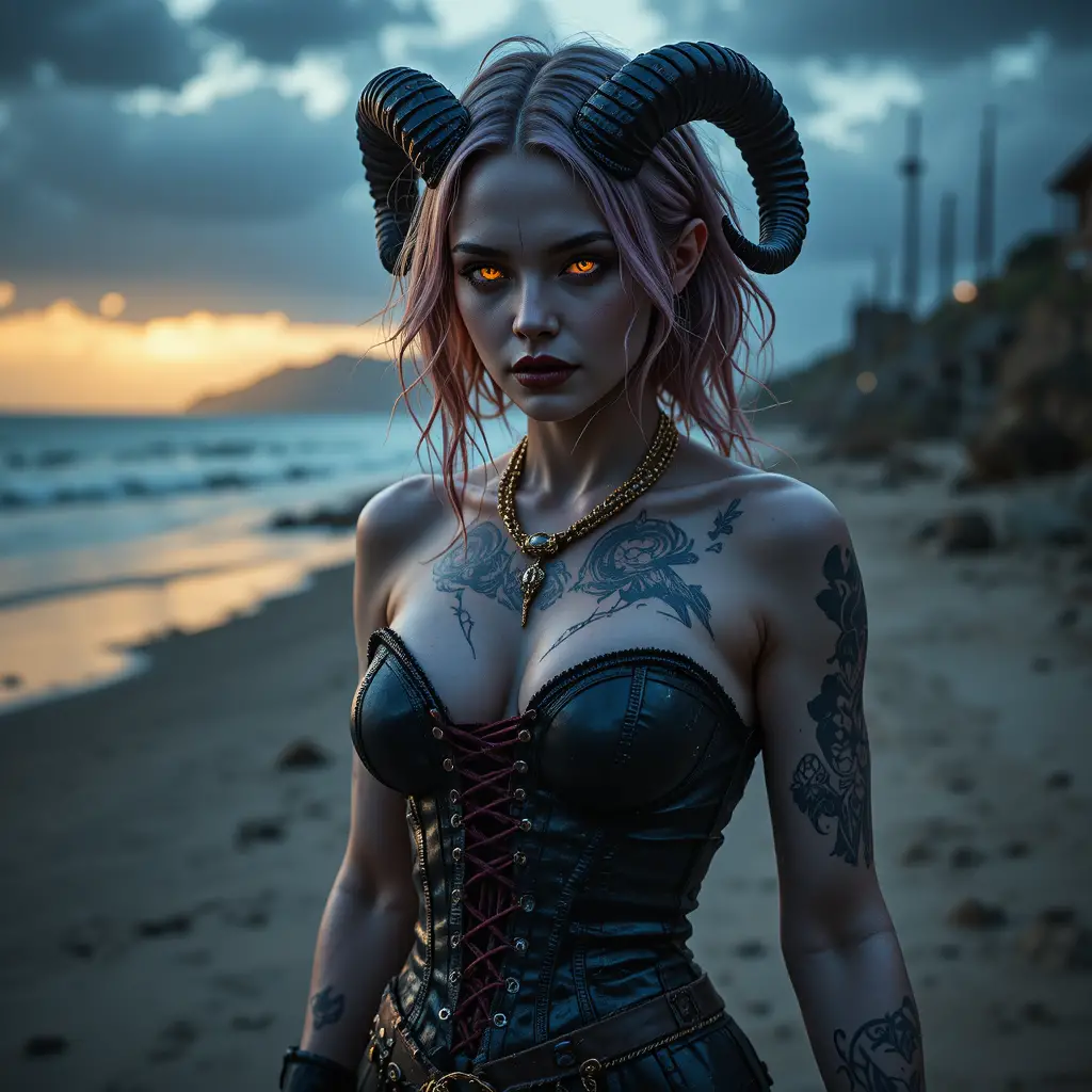 Reine pirate démoniaque marchant sur une plage venteuse et brumeuse