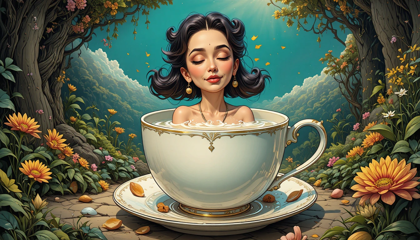 Sujetador surreal flotando sobre una taza de té gigante llena de leche