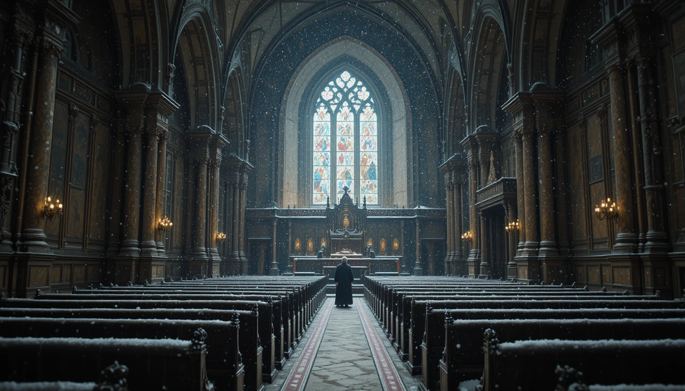Técnico de aquecimento inspecionando canos congelados dentro de uma igreja fria