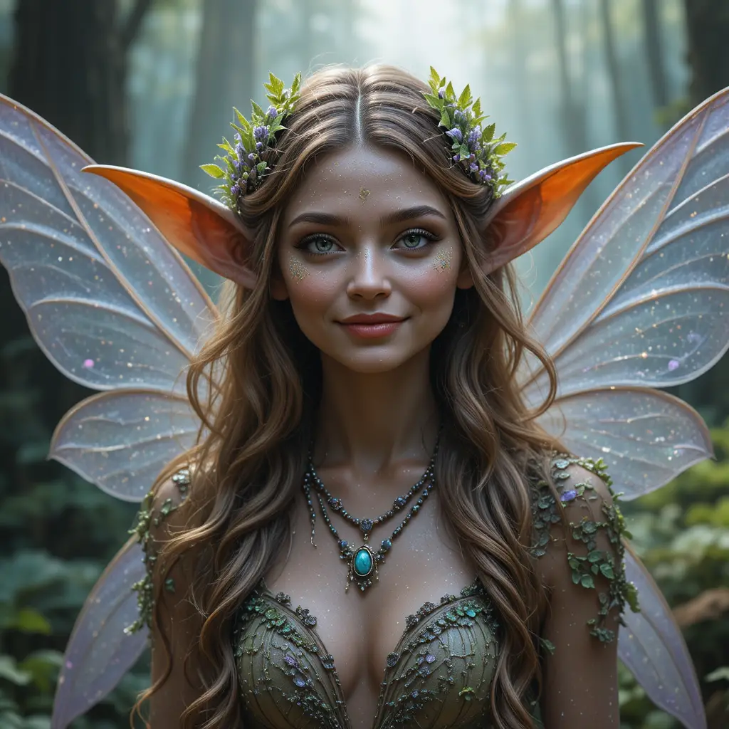 Brown fairy woman with leafy dress in forest portrait
