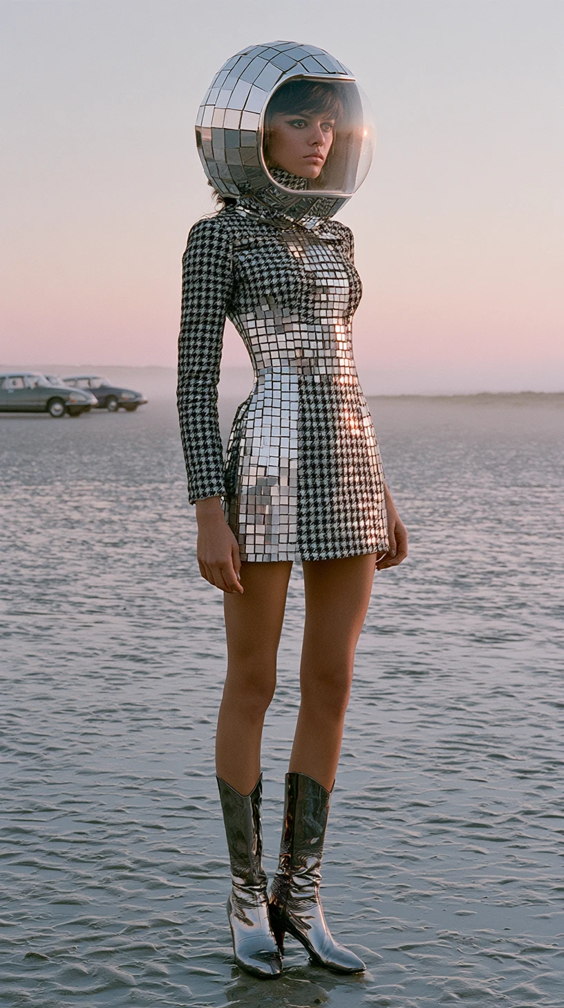 Modella di moda surreale con abito a specchio su costa nebbiosa