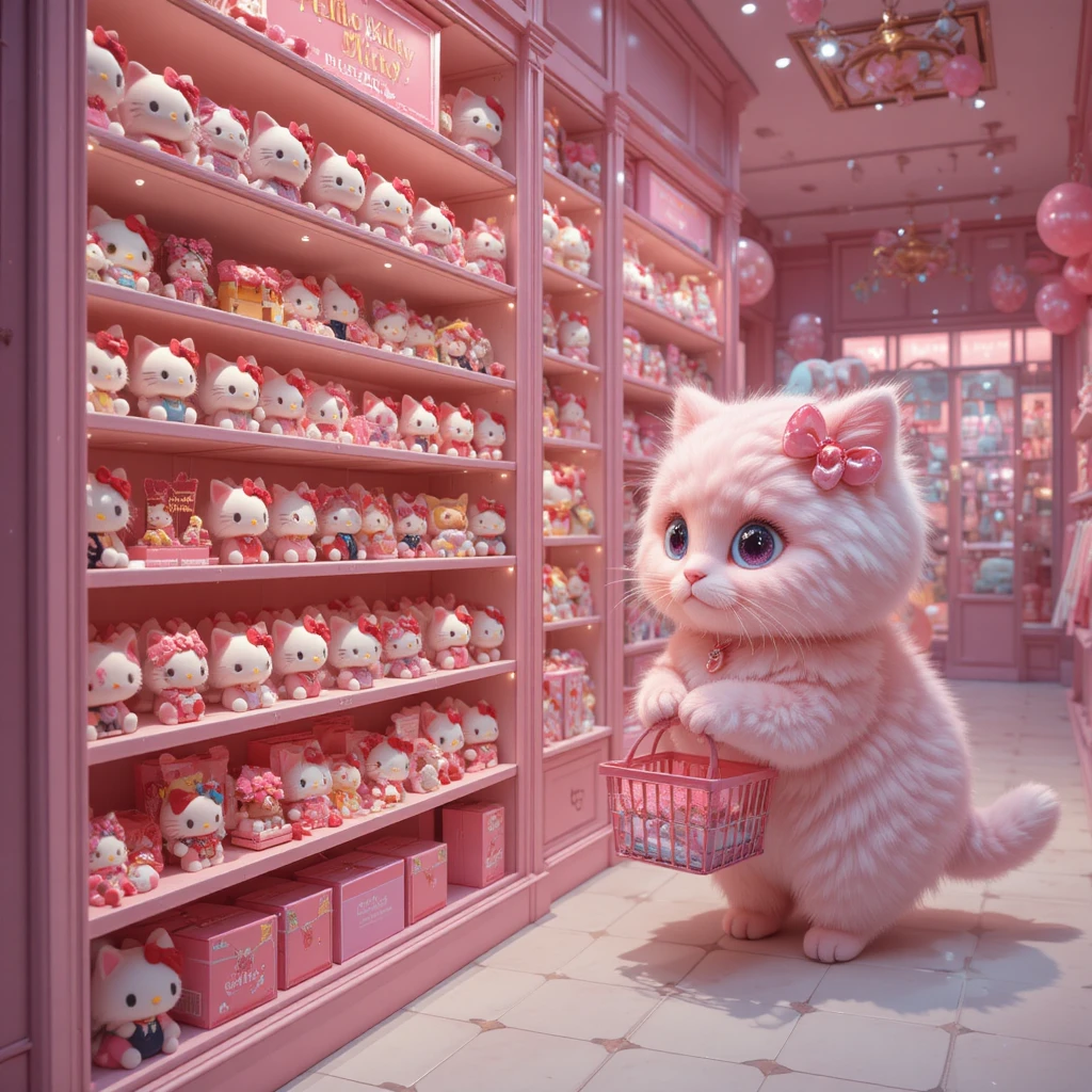 Chats duveteux faisant du shopping dans une boutique rose pastel