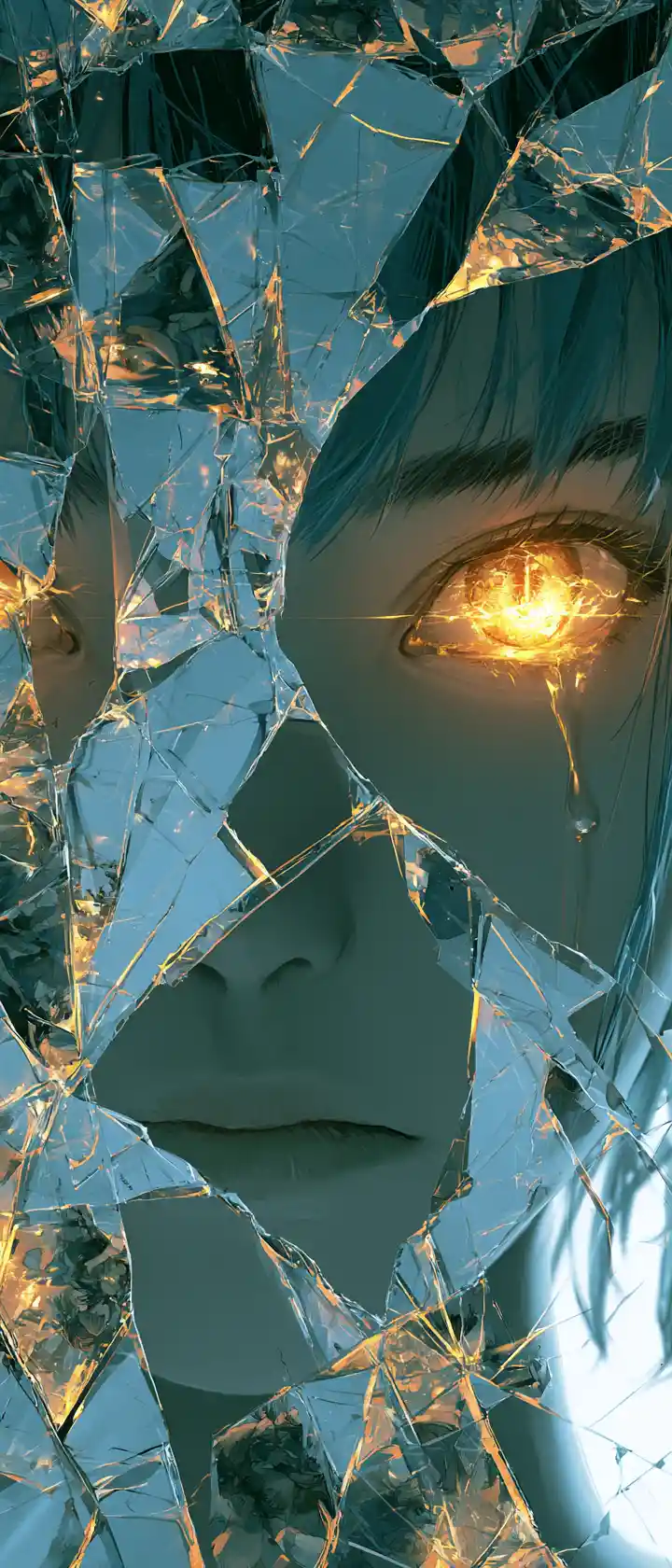 Anime girl behind shattered glass with glowing golden eye