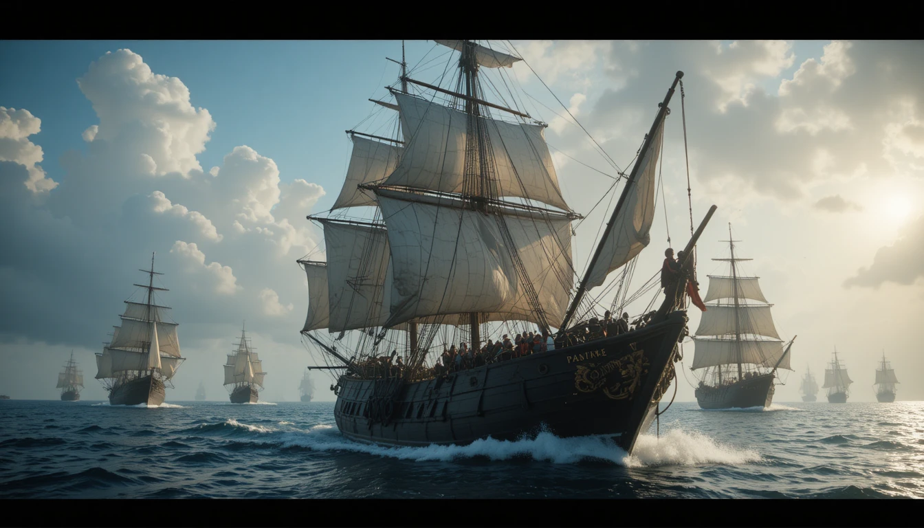 Des navires pirates s’approchent d’un équipage tendu en mer au lever du soleil