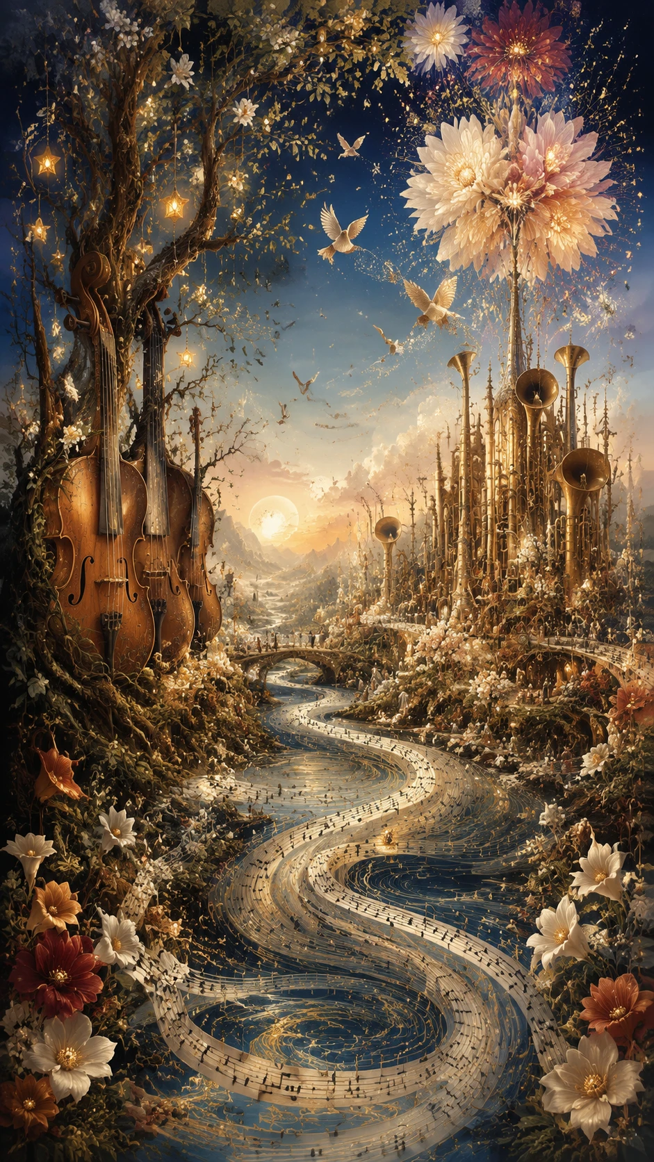 Surreale Landschaft, in der fließende Musik zu lebendiger Natur wird