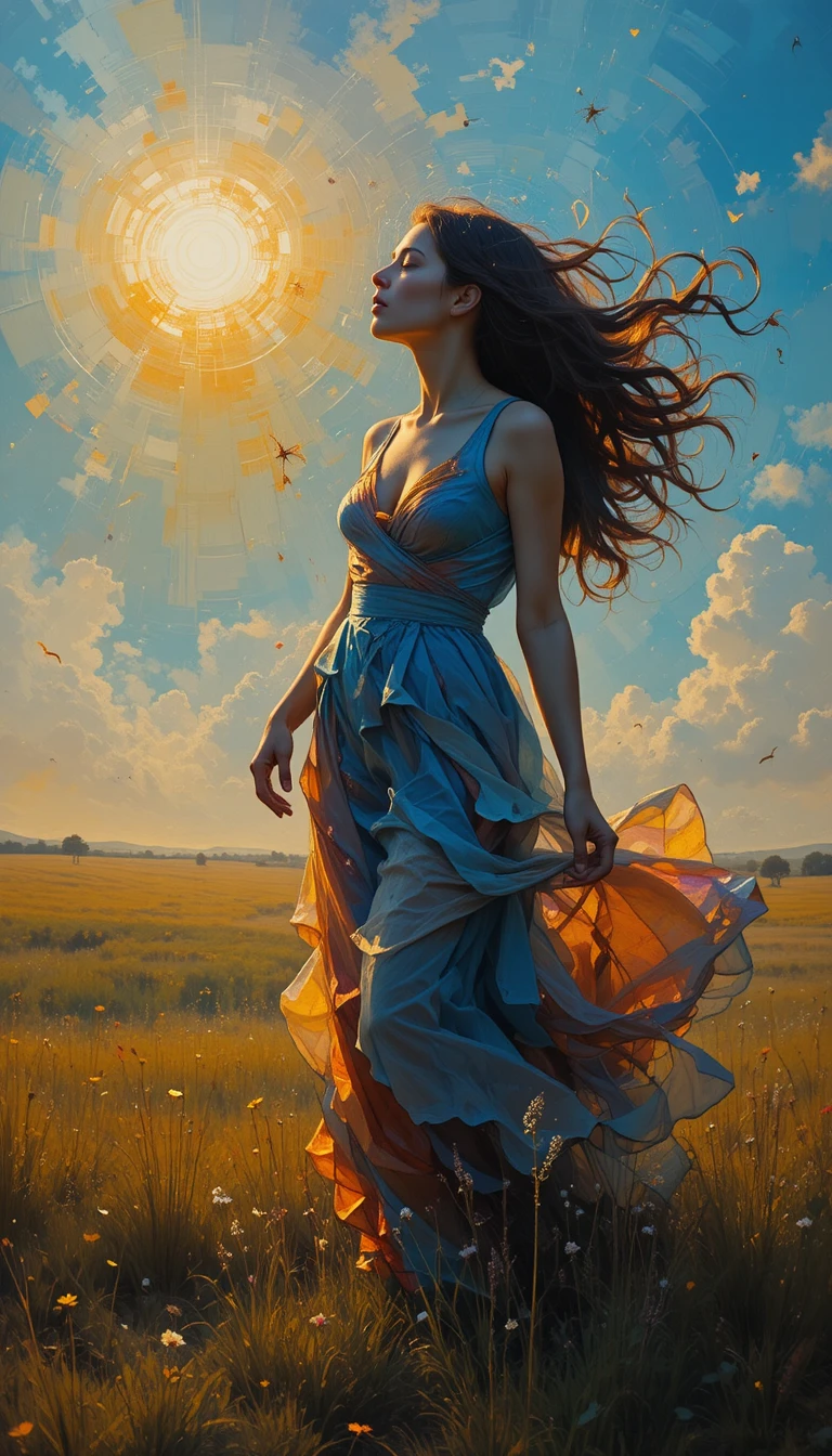 Young woman in an abstract sunrise field painting