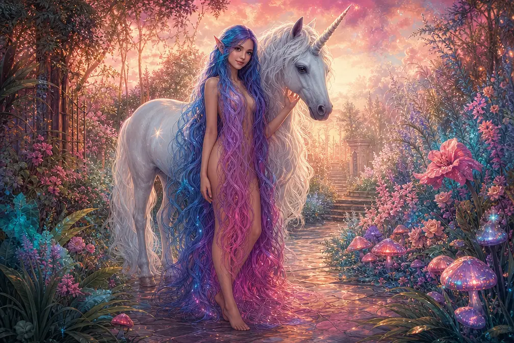 Elfenmädchen mit Einhorn in einem leuchtenden verzauberten Garten