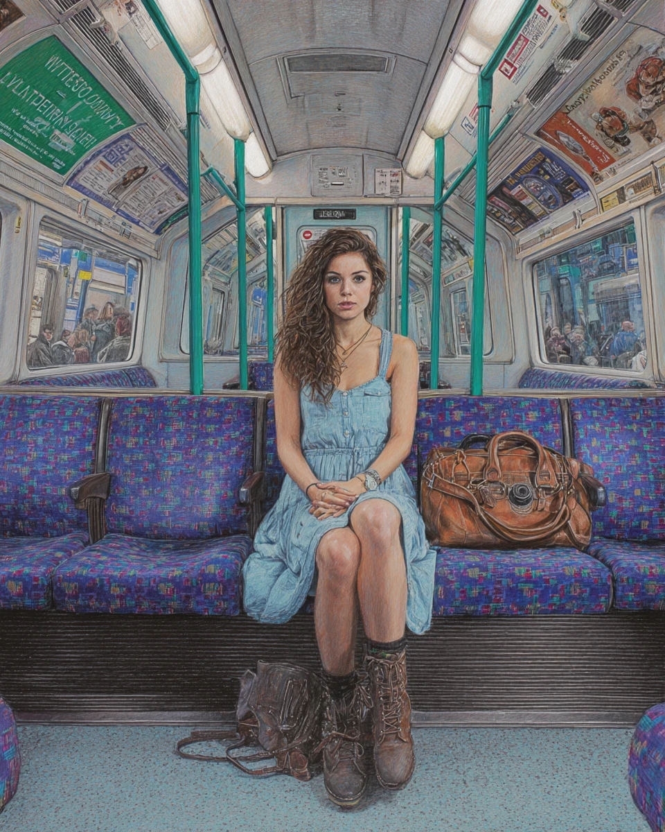Mädchen auf einem Sitz der London Underground als Bleistiftillustration