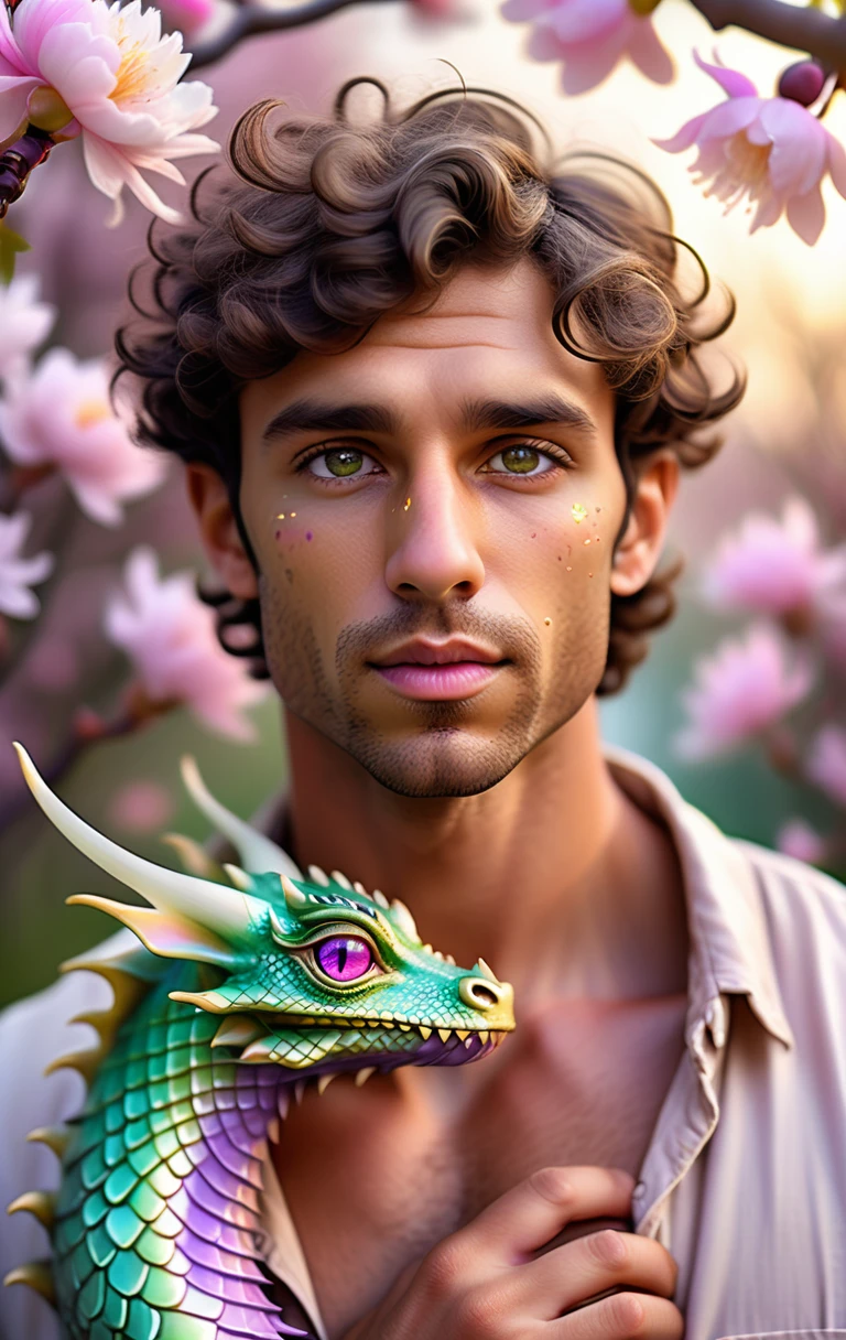 花々の中で虹色のピンクドラゴンを抱くファンタジーの男