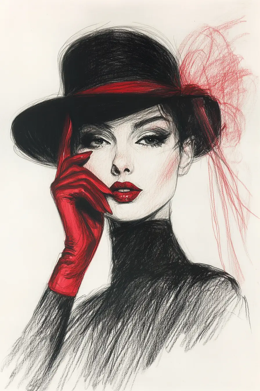 Woman in bowler hat with crimson glove pencil portrait