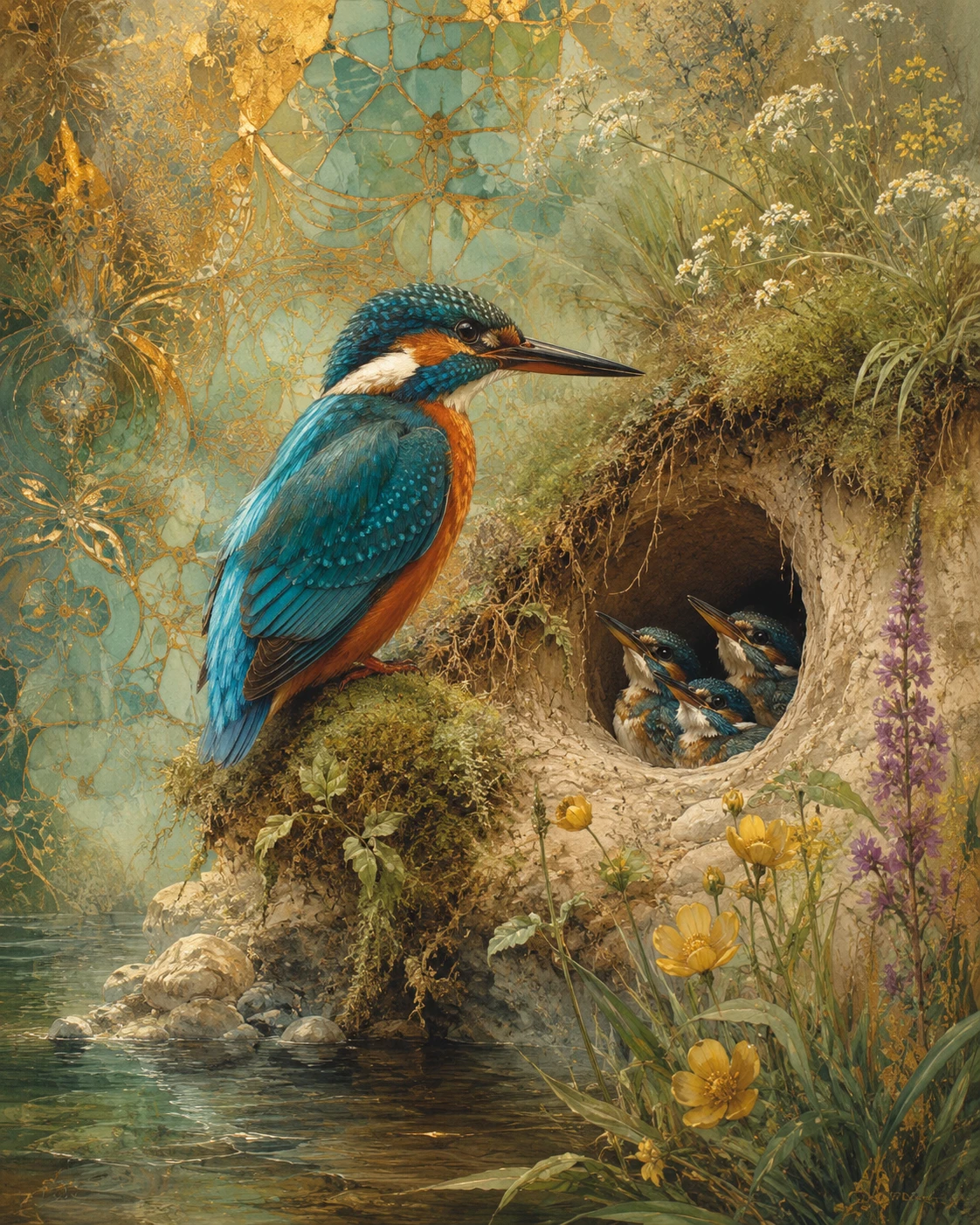 Close up kingfisher by a calm river bank