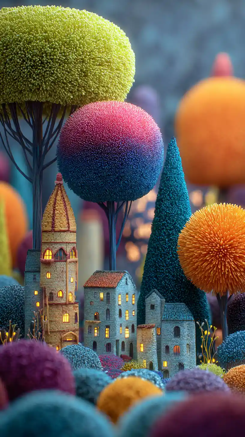 Whimsical fantasy trees with vibrant textured foliage