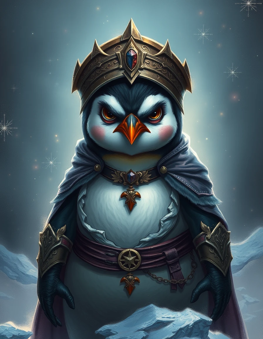 Pinguino arrabbiato vestito da guerriera medievale
