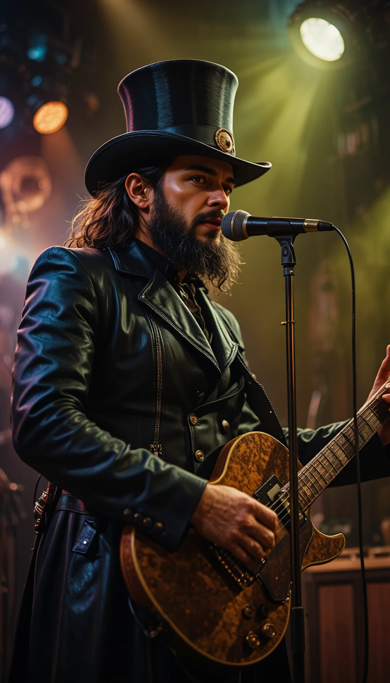 Roqueiro barbudo tocando guitarra no palco em lounge esfumaçado