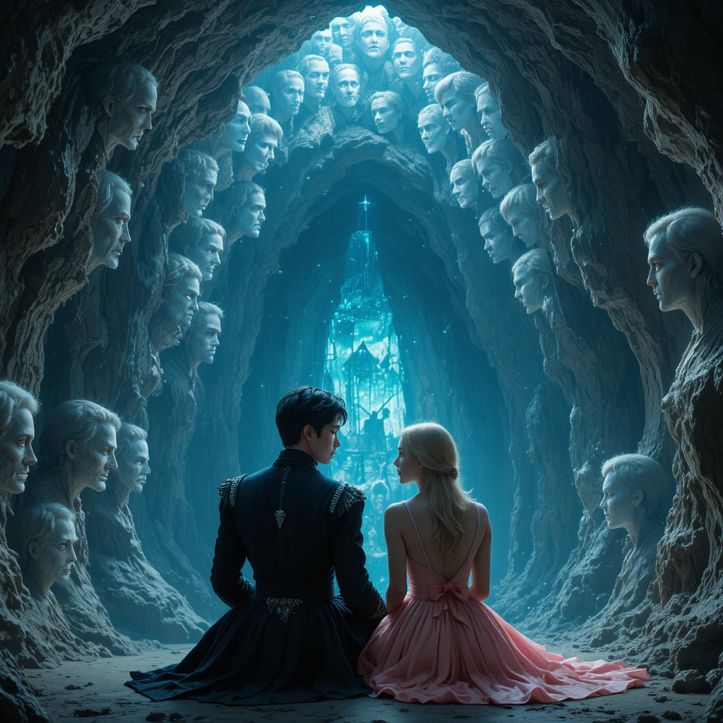 Menino e menina em uma vasta caverna de gelo