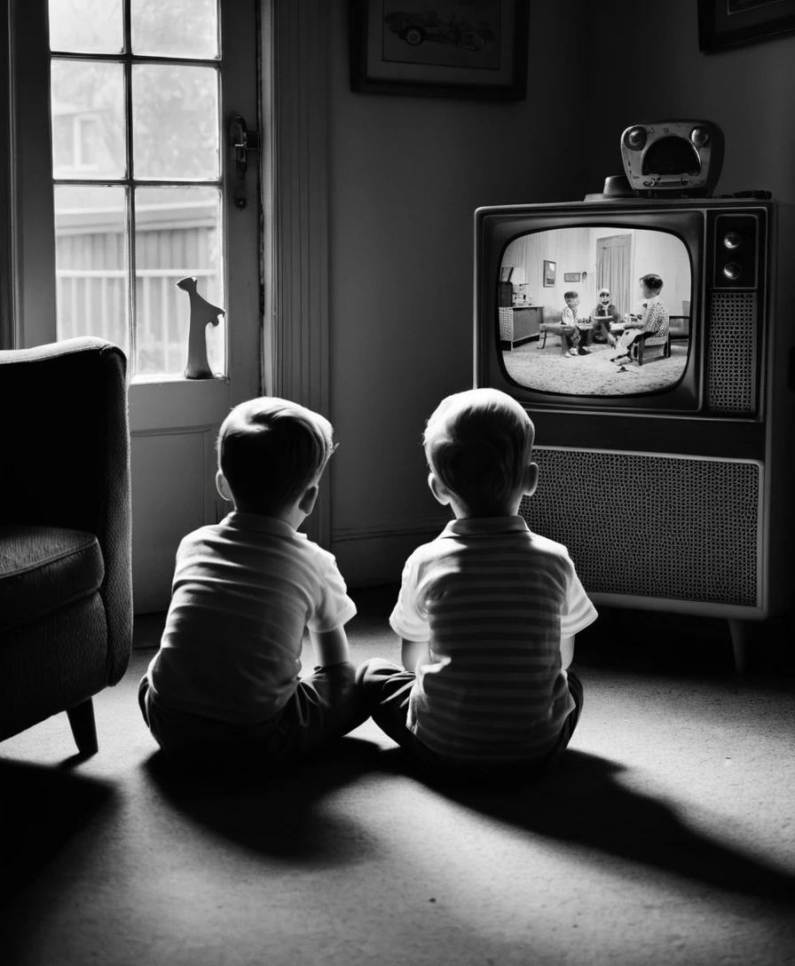 Enfants regardant des dessins animés sur une TV vintage dans le salon