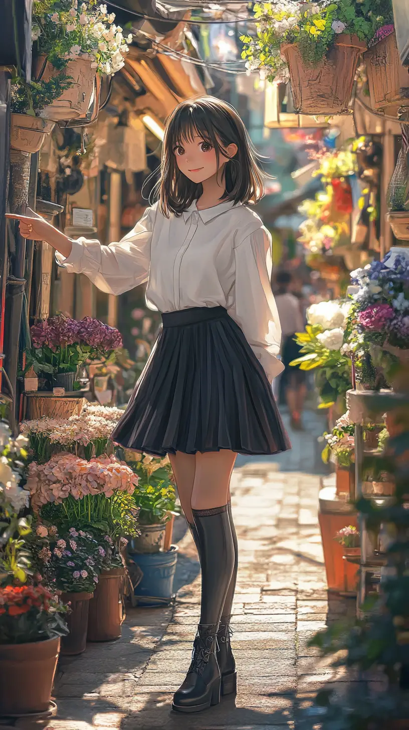 在陽光灑落的歐洲花巷中微笑的動漫少女