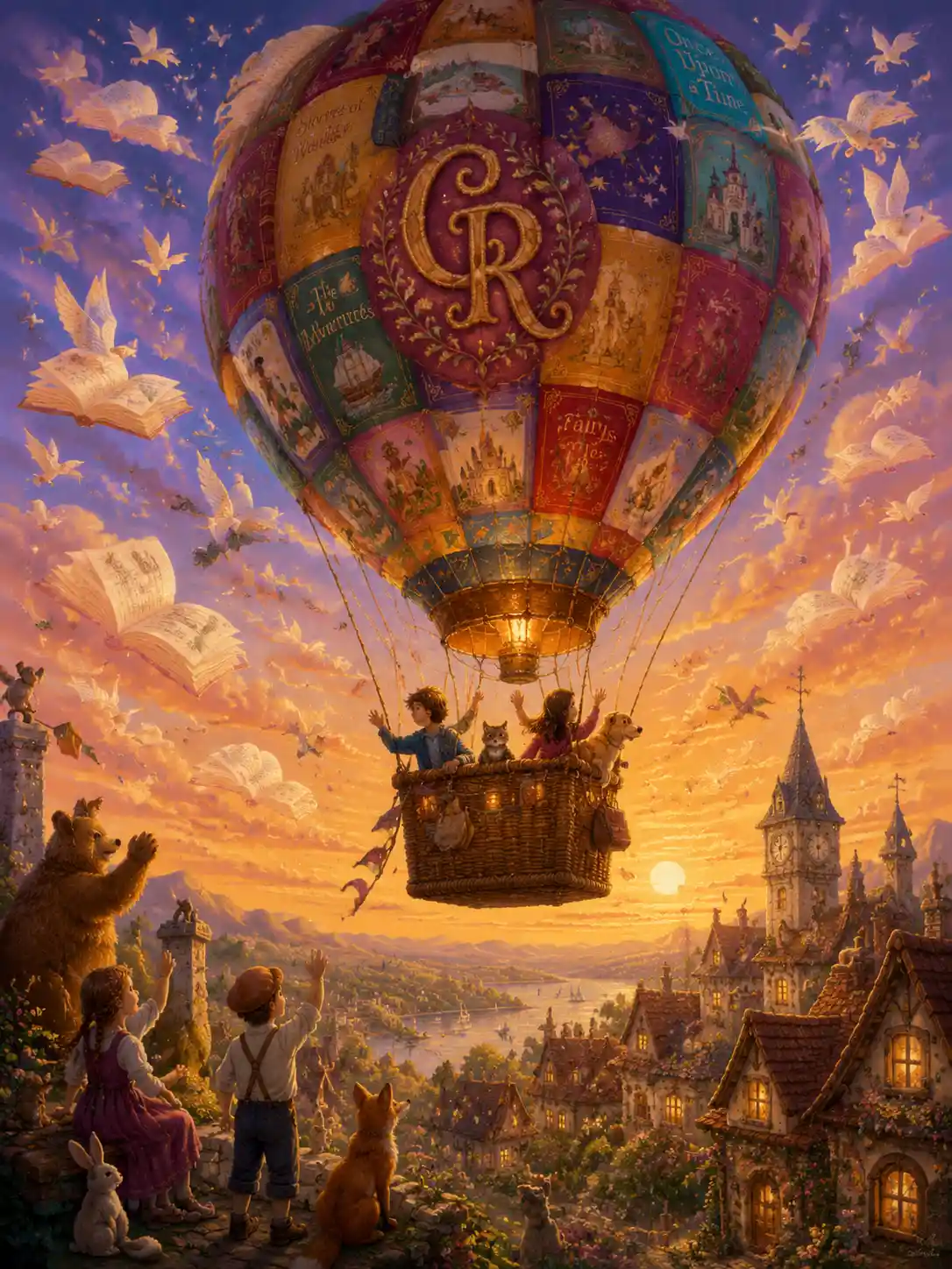 Patchwork storybook hot air balloon over fantasy village