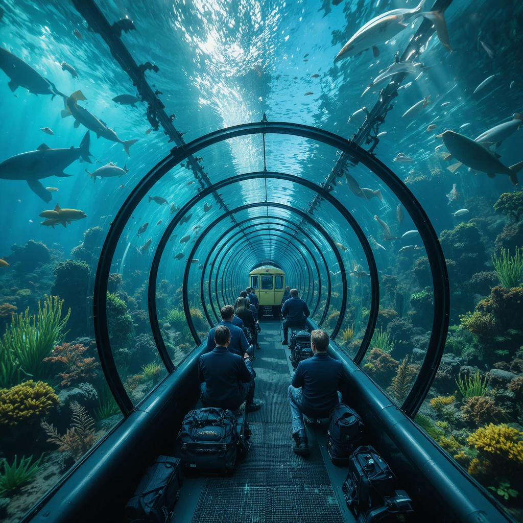 Tren en un túnel de cristal bajo el mar con vida marina