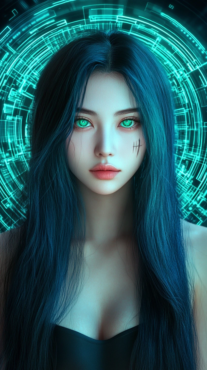 Mulher etérea com halo cyberpunk e asas de anjo negras