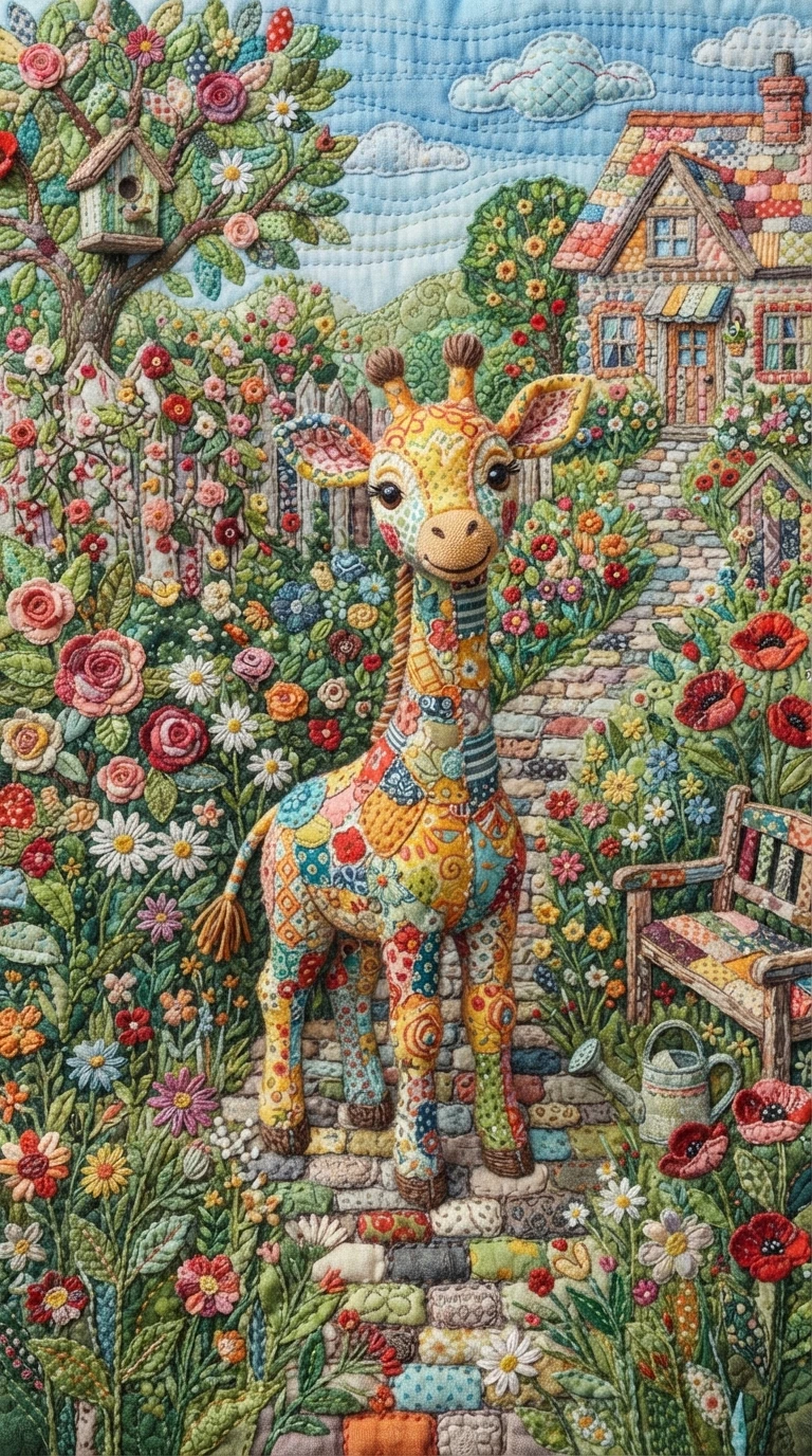 Pequena girafa de patchwork em um jardim colorido