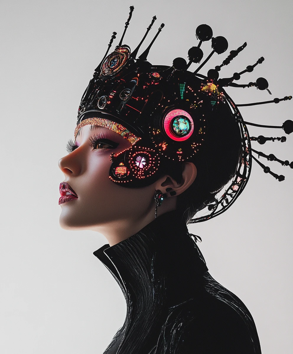 Fantasia cyberpunk surreale e glamour con dettagli di lusso impeccabili