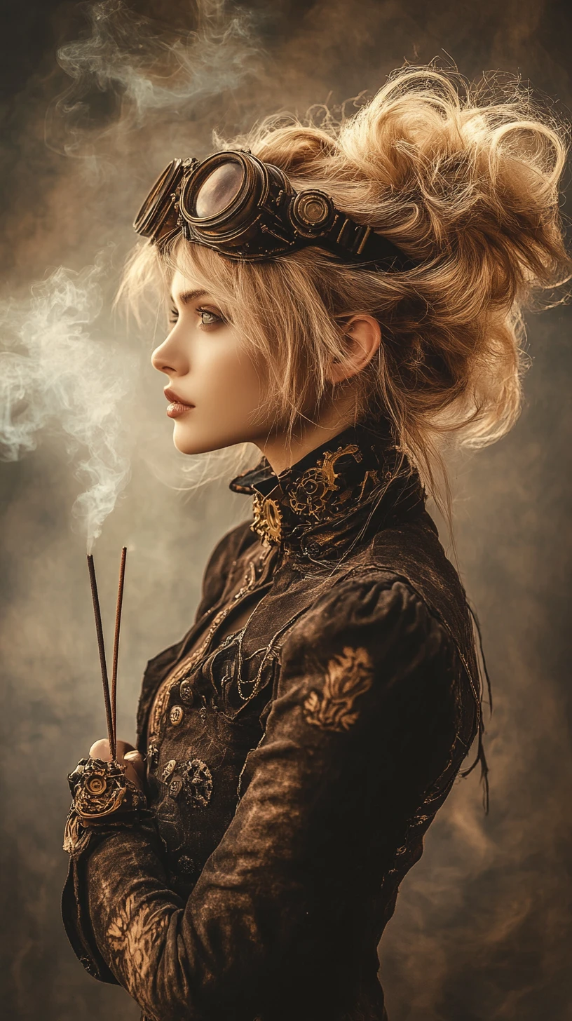 Steampunk woman in profile with smoking incense stick