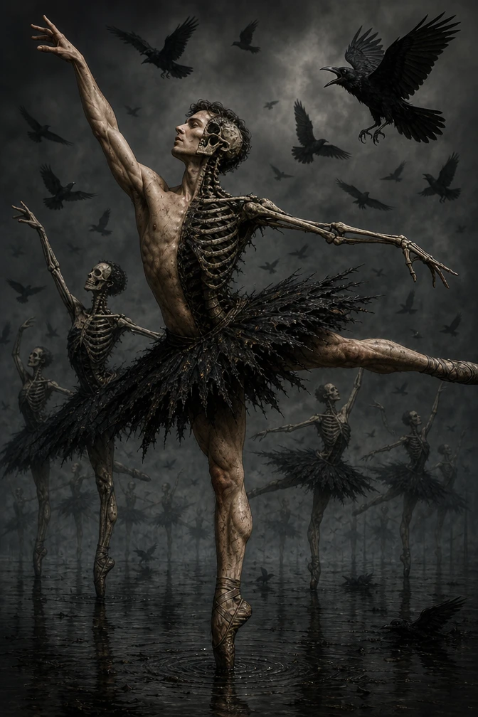 Surrealer skelettierter Balletttänzer auf einer dunklen, krähengefüllten Bühne