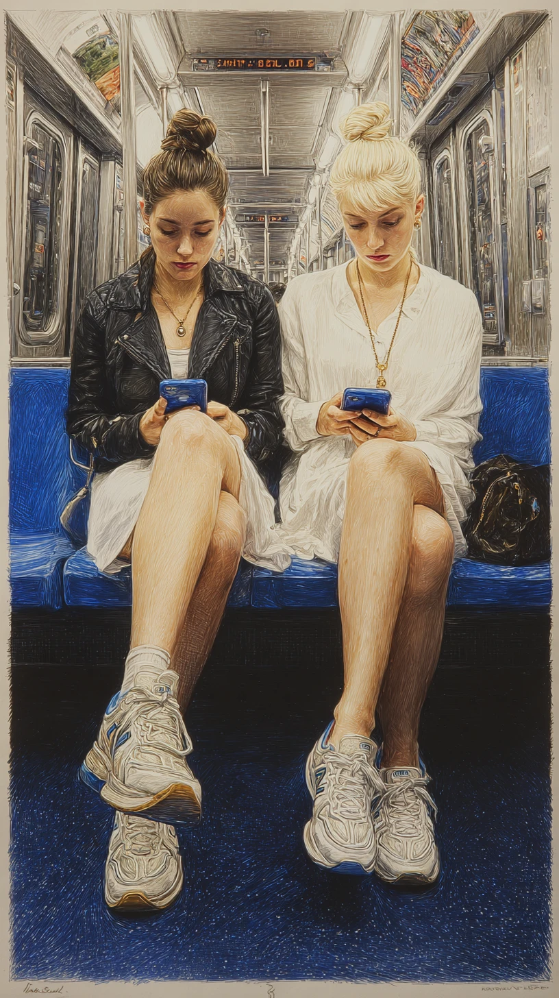 Due giovani donne nella metro di Parigi assorte nei loro telefoni
