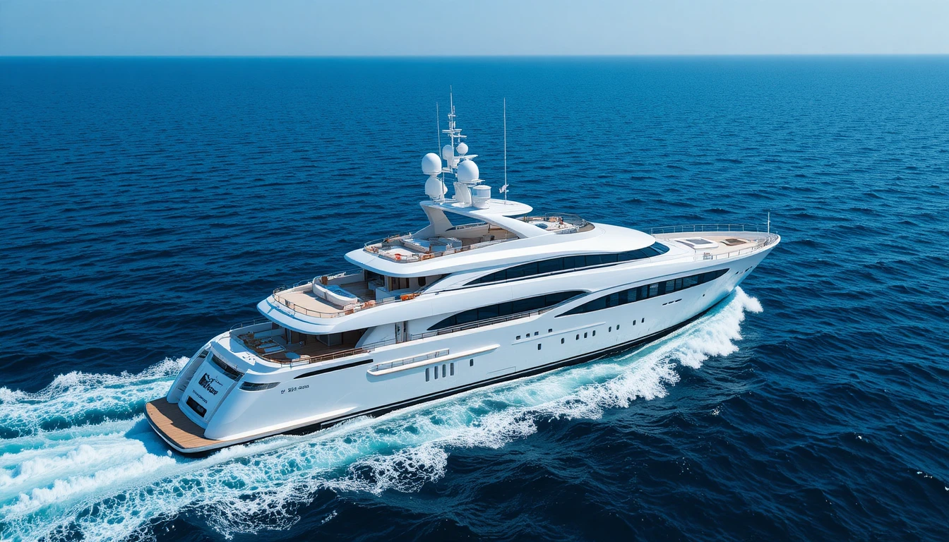 Lussuoso yacht a motore bianco che naviga su un mare calmo blu profondo