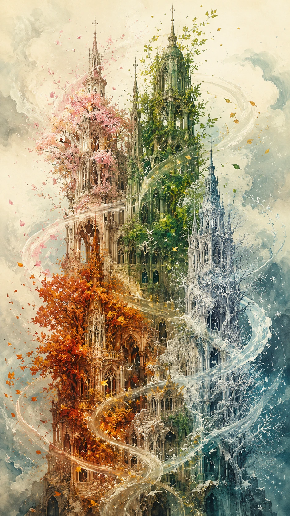 Saisonale Fantasietürme in einem surrealen botanischen Heiligtum