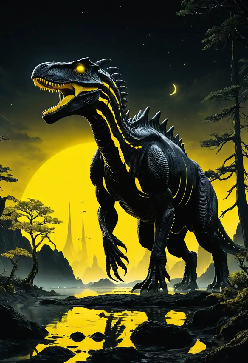 Futuristic alien creature in rocky forest landscape at sunset