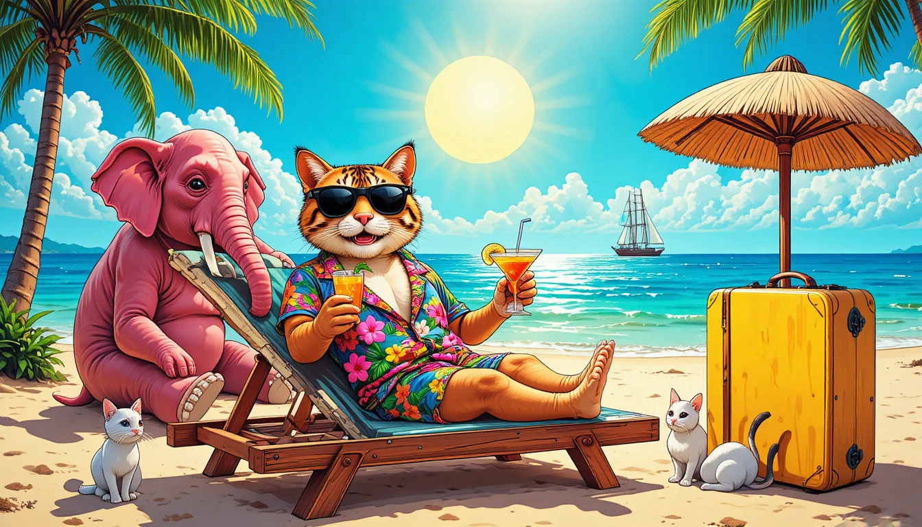 Gato malhado laranja relaxando em espreguiçadeira na praia tropical