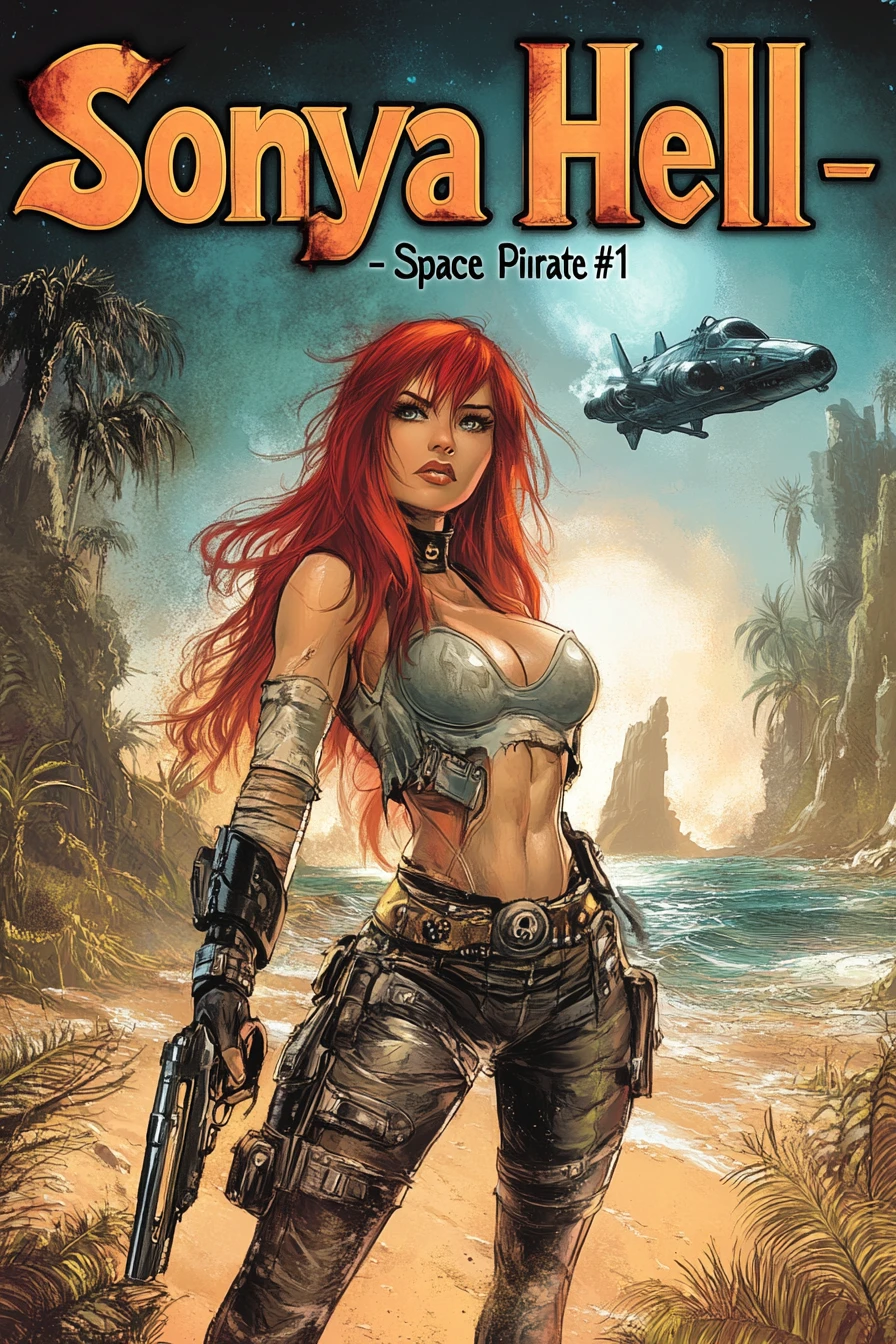 Red haired space pirate on alien shore with spaceship