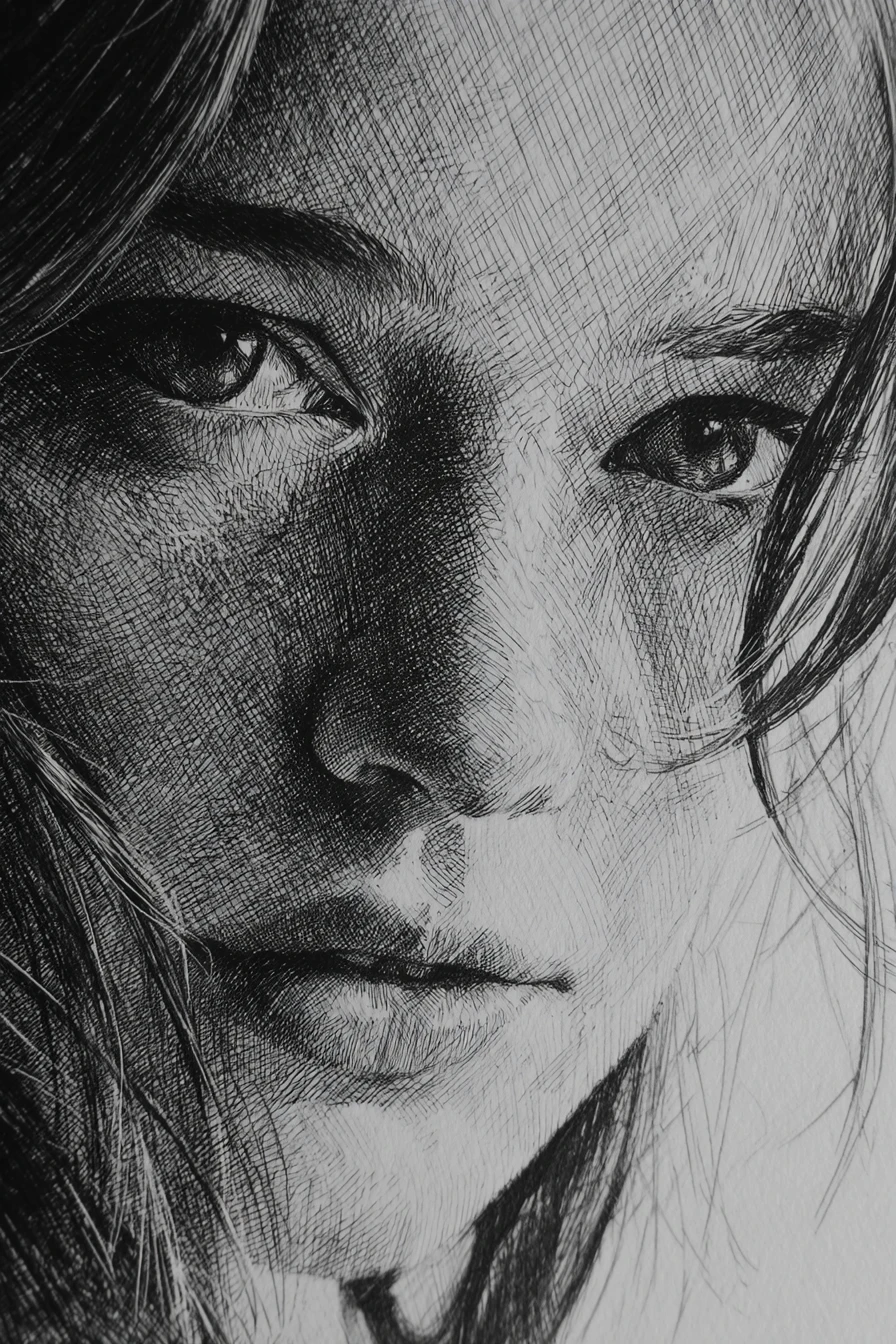 Melancholic pencil portrait with dramatic chiaroscuro shadows