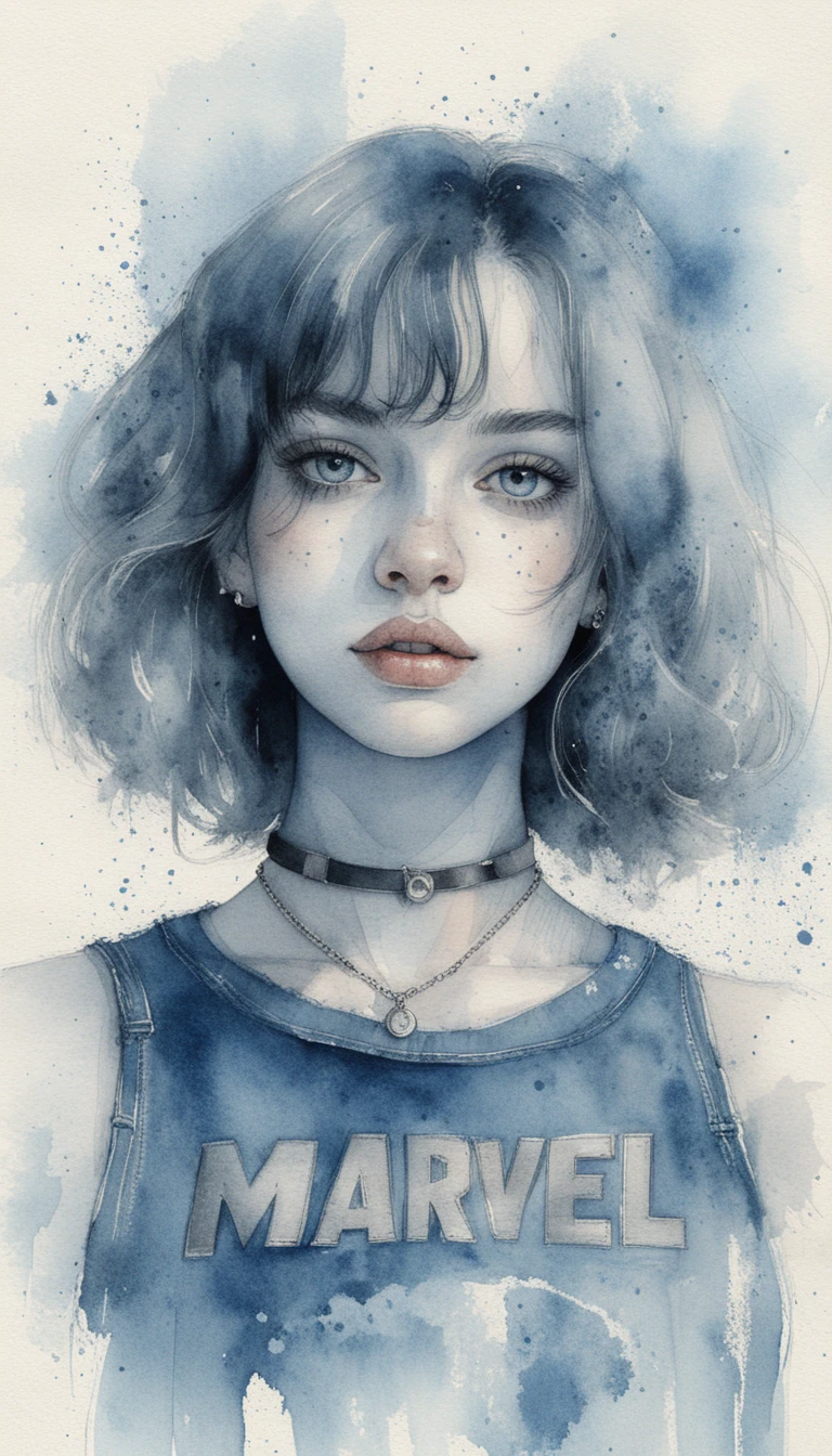 Ritratto a matita colorata di una ragazza dai capelli argento con choker