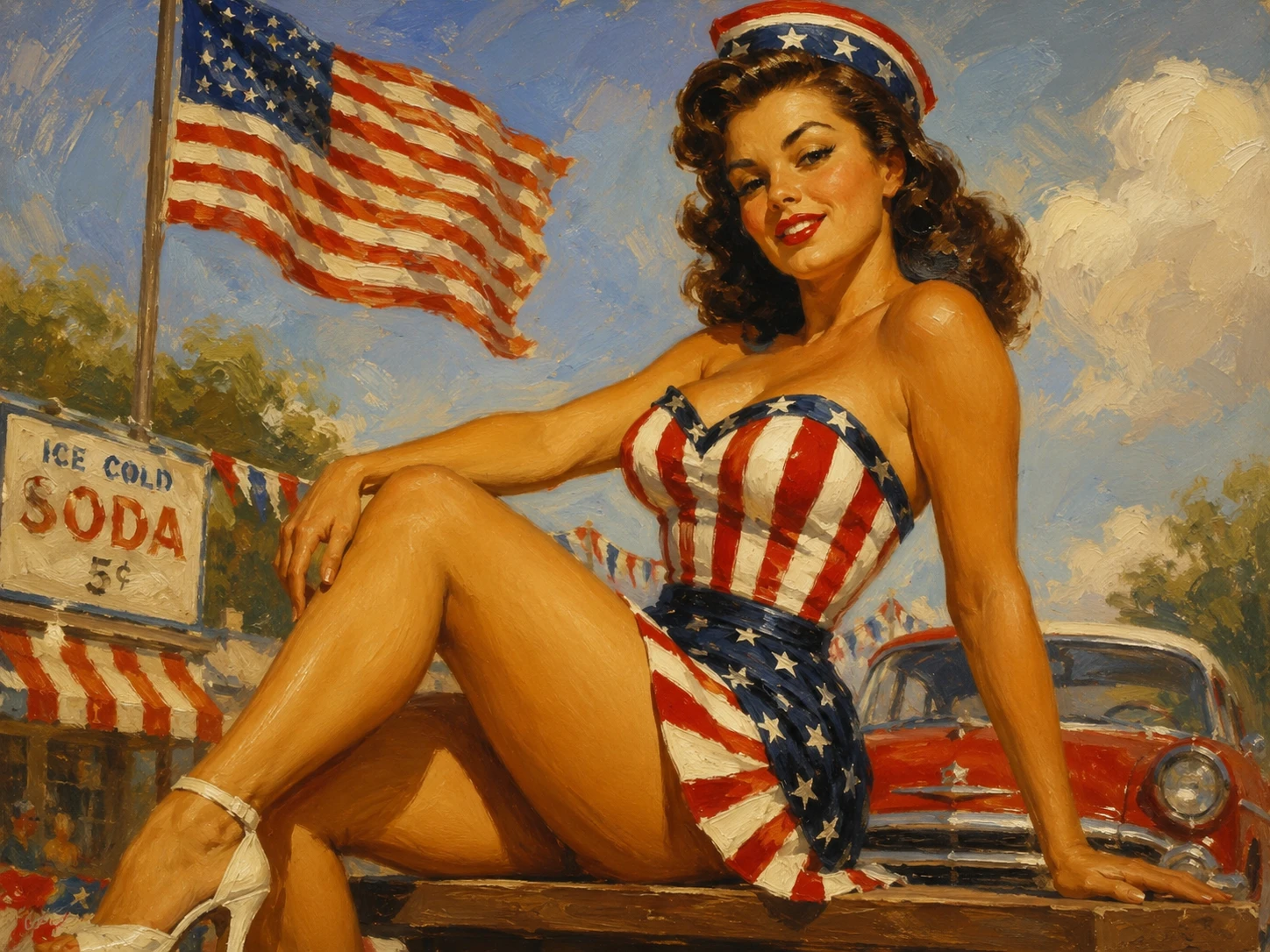 Pin-up morena vintage em look patriótico de verão