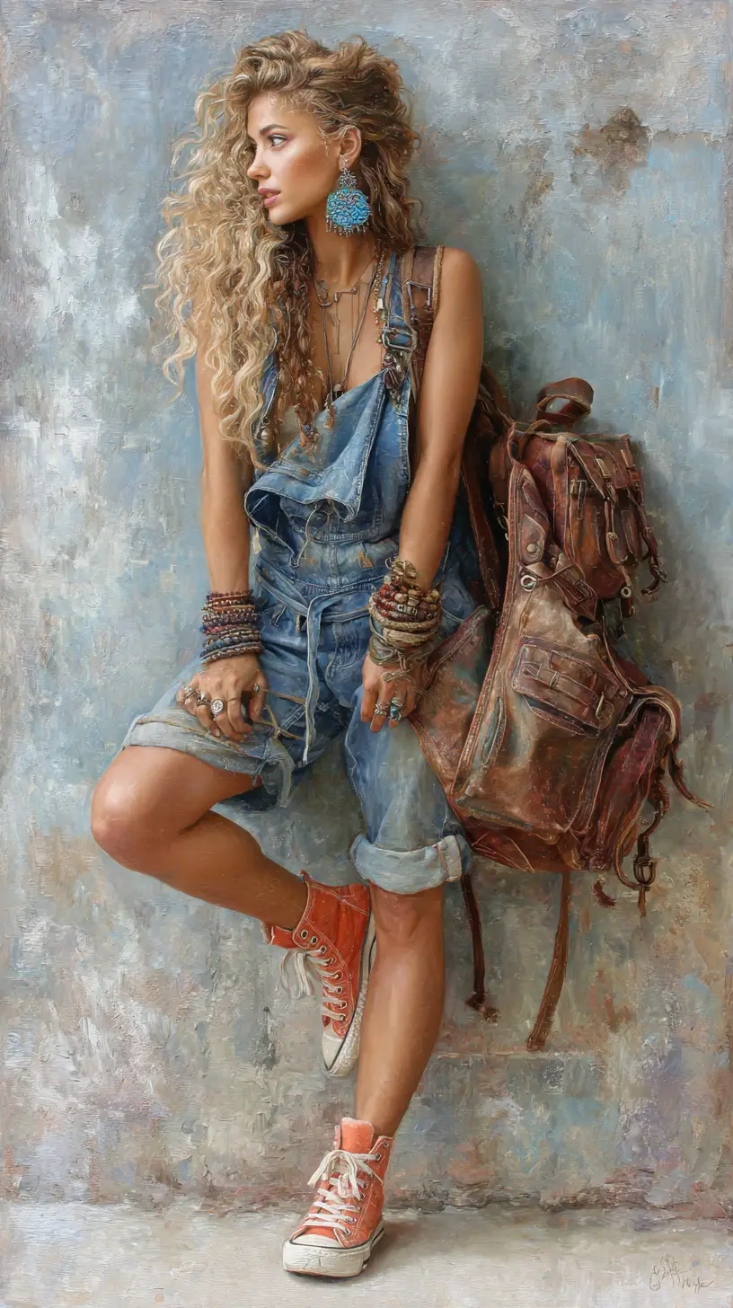 Donna bohemien con salopette di jeans accanto a un muro di cemento materico