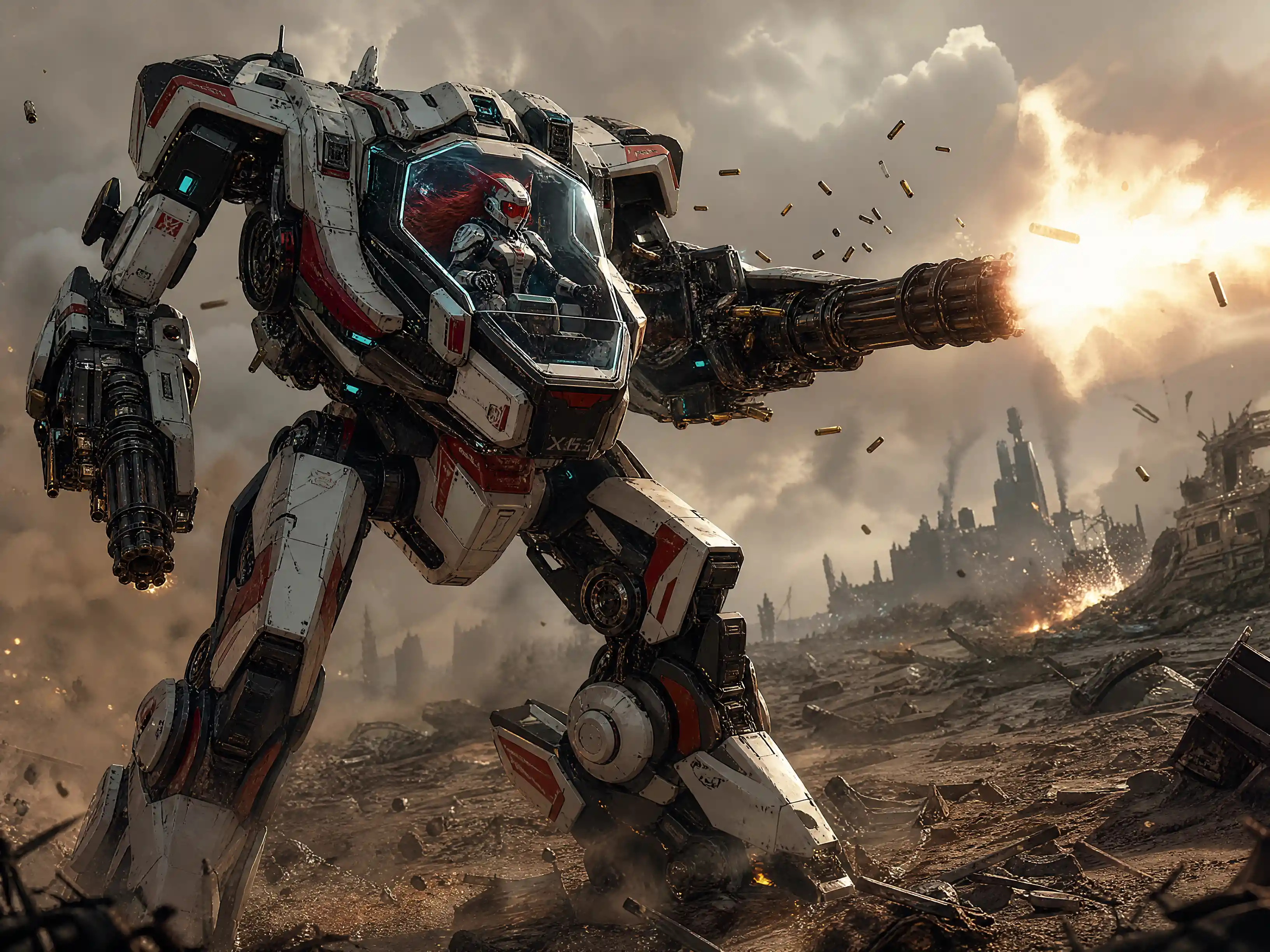 Donna che pilota un mech in una cabina di vetro sopra rovine nel deserto