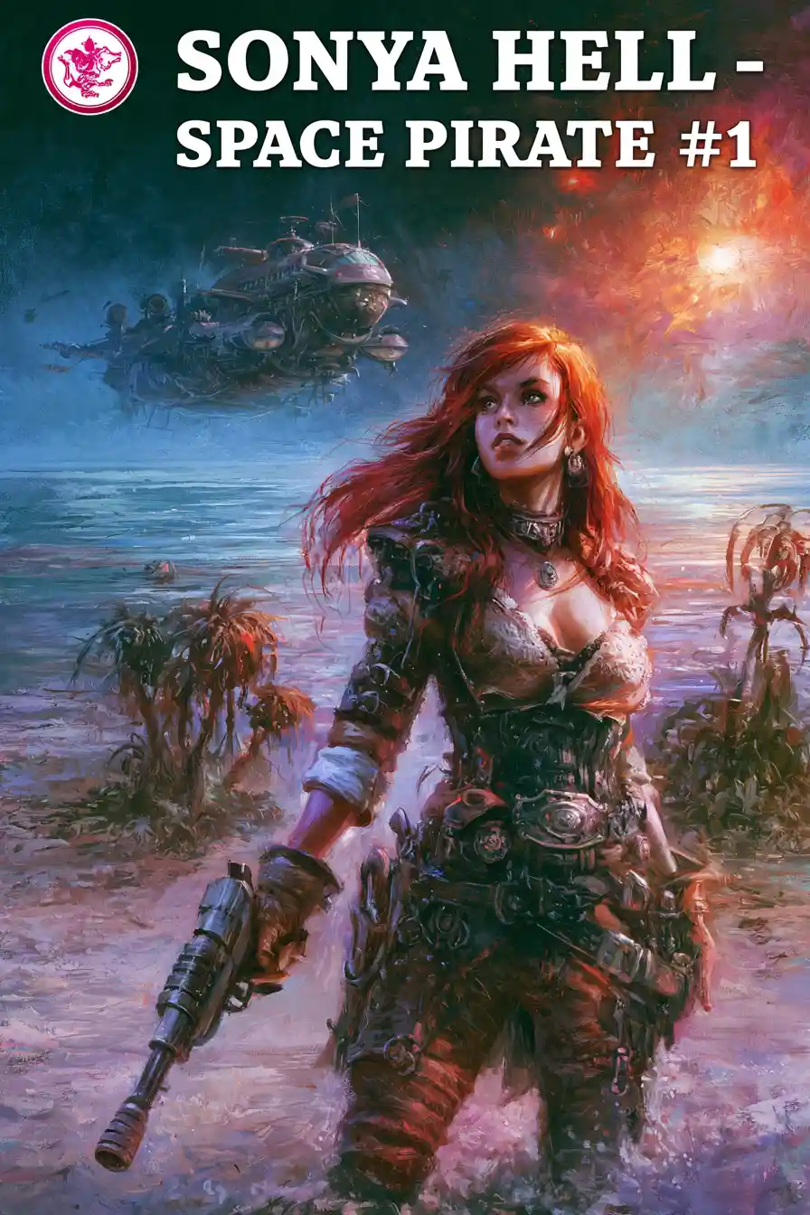 Pirata espacial ruiva em uma praia alienígena
