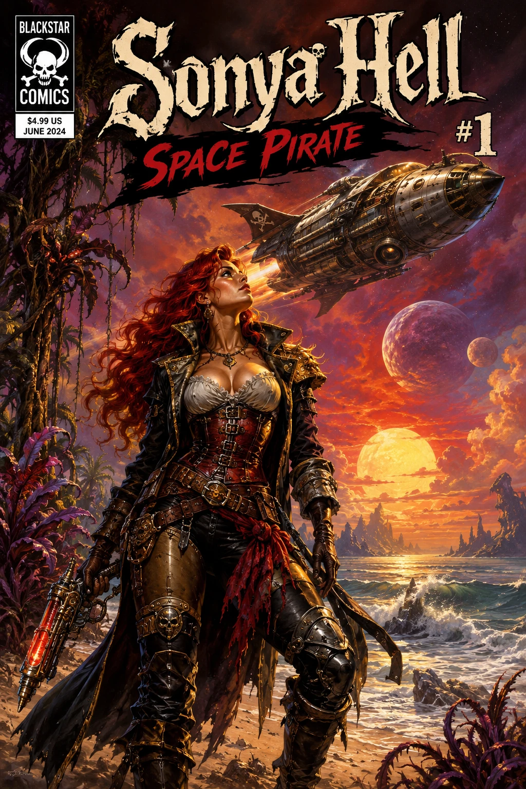 Red haired space pirate on alien beach with spaceship