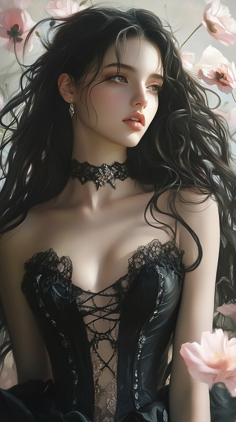 Ragazza dark romantica in pizzo nero tra papaveri rosa