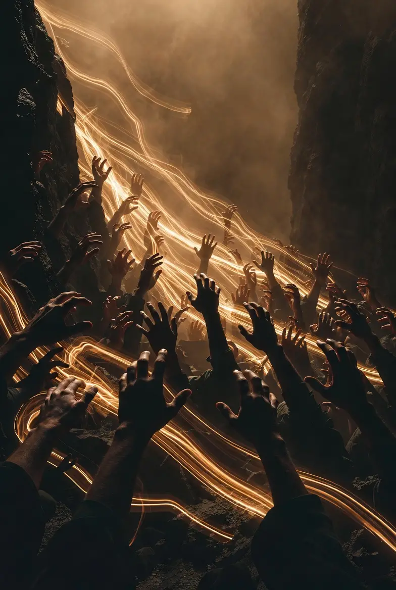 Many ghostly hands reaching upward from a dark abyss