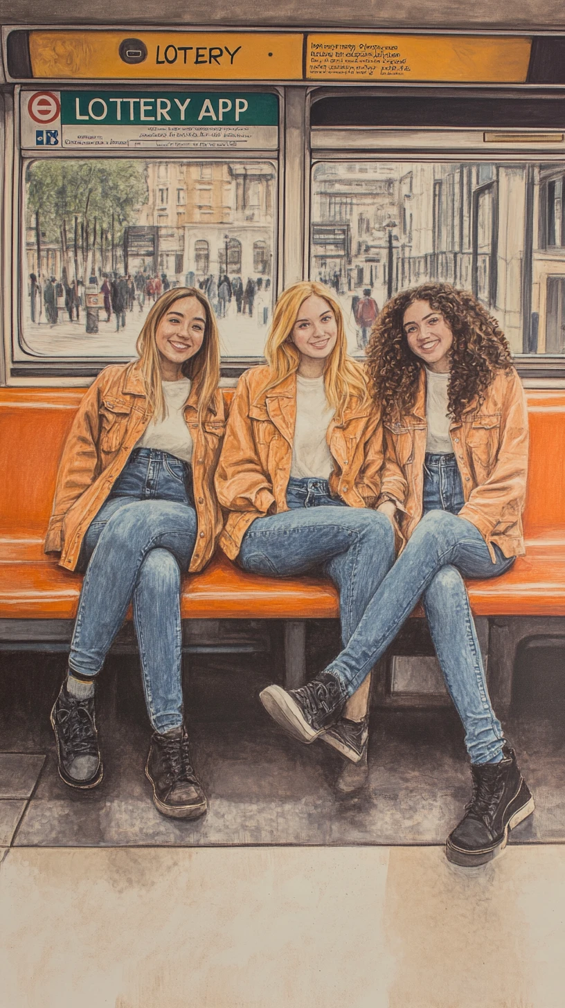 Três jovens sorridentes em um banco laranja do metrô